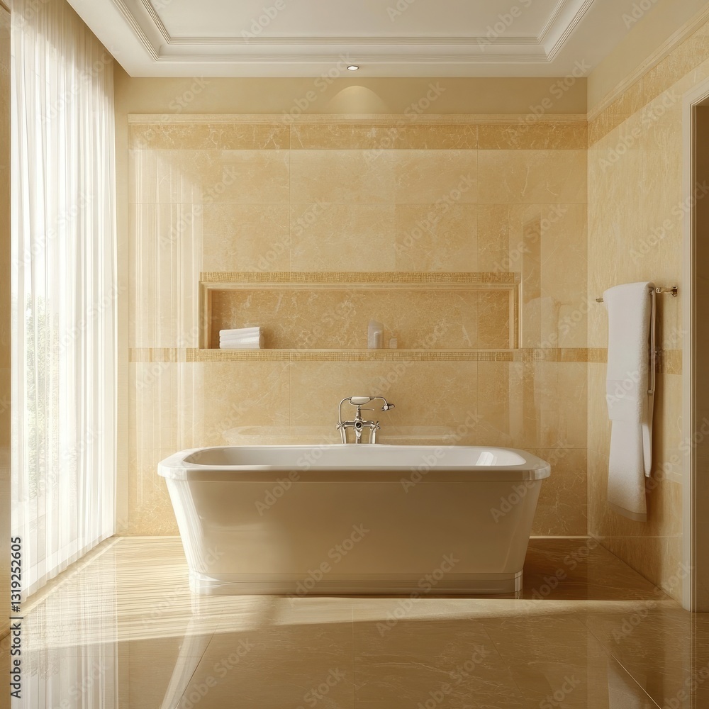 Luxurious Beige Marble Bathroom with Freestanding Tub and Sheer Curtains Luxurious Beige Marble Bathroom with Freestanding Tub and Sheer Curtains
