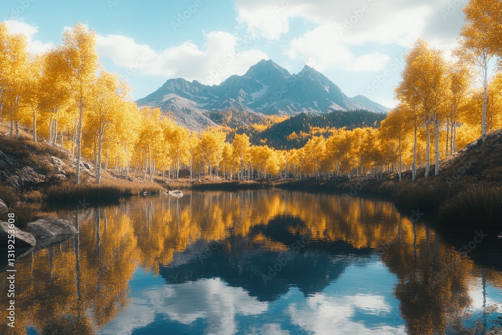 Fototapeta premium Yellow Trees by Lake with Mountain