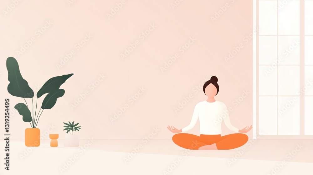 Obraz premium Calm child meditating, young girl in an orange outfit practicing mindfulness at home, serene atmosphere with plants.