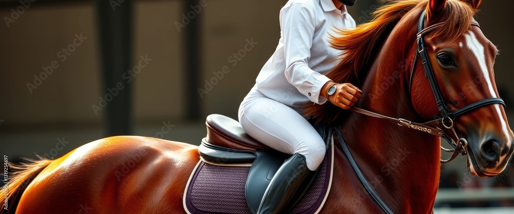Fototapeta premium Elegant equestrian in pristine white attire astride a magnificent chestnut horse, showcasing grace and skill in the saddle