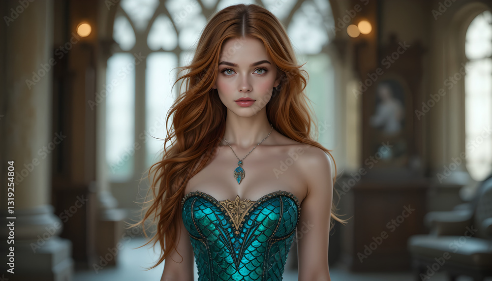 Elegant Renaissance-Inspired Portrait with Intricate Corset and Gothic Architecture Elegant Renaissance-Inspired Portrait with Intricate Corset and Gothic Architecture