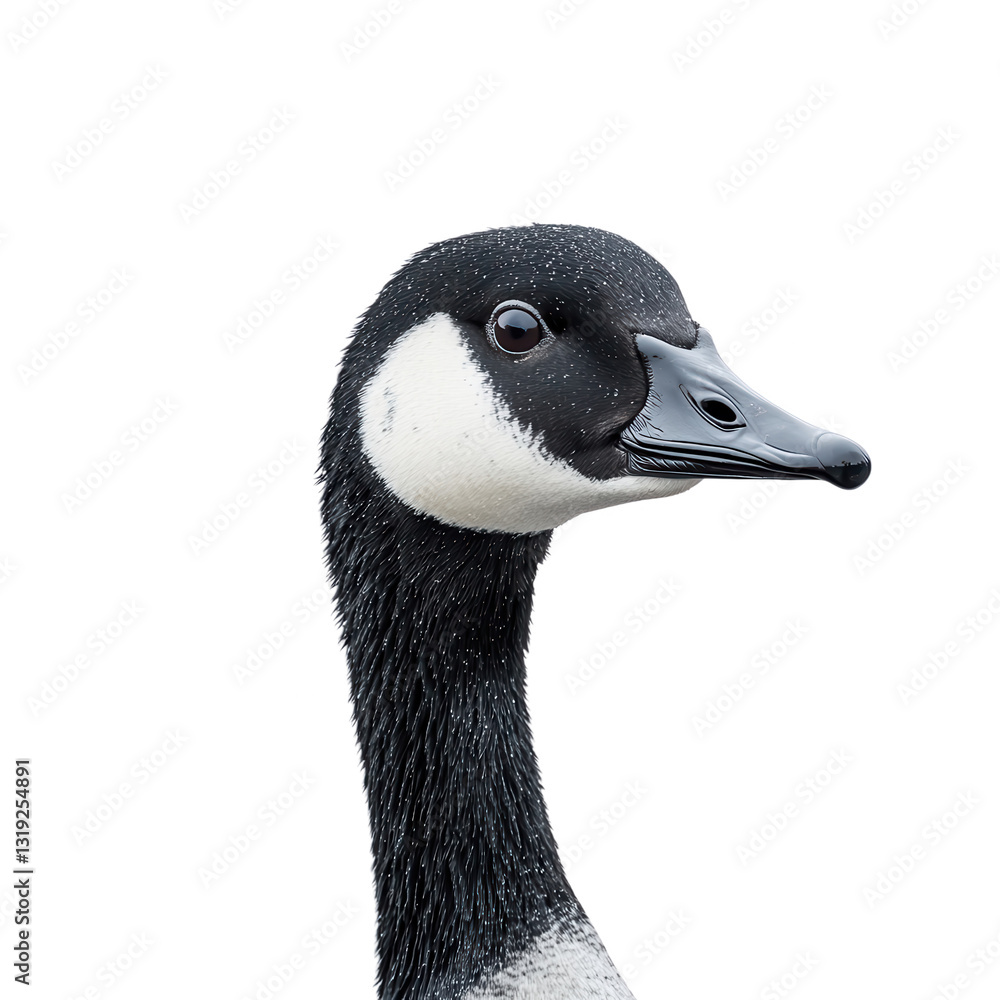 Elegant Goose Portrait: A close-up headshot of a goose showcases its striking black and white plumage, intelligent eye, and distinctive beak, capturing the essence of avian beauty and composure. Elegant Goose Portrait: A close-up headshot of a goose showcases its striking black and white plumage, intelligent eye, and distinctive beak, capturing the essence of avian beauty and composure.