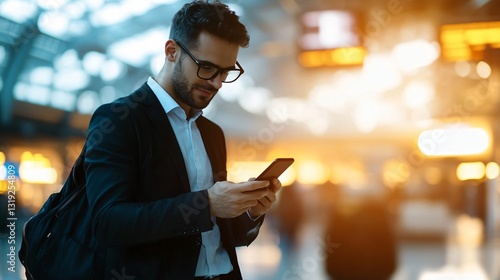 Confident young businessman checking phone, stylish professional in urban setting with soft background lighting, modern vibe.