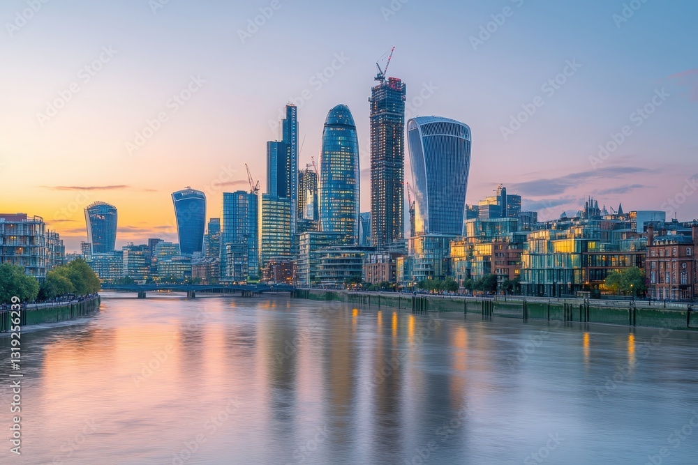 Obraz premium London skyline reflecting in the thames at sunset with the walkie talkie, the cheesegrater and the scalpel