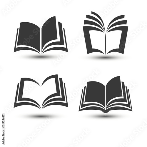 Open Book Icon Set Black Silhouette Vector for Education Reading Library Study eBooks Publishers Digital Media Minimalist Flat Design Isolated on White Background Modern Book Symbols Collection