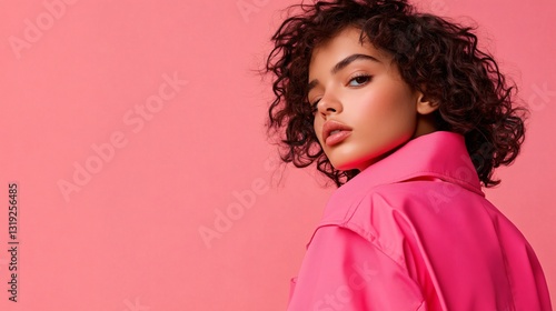 Confident young woman in vibrant pink jacket, curly hair styled elegantly, striking a pose against soft pink backdrop, fashion highlight.