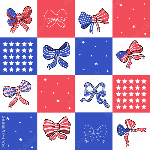 Seamless pattern Coquette 4th of July Bow on color background