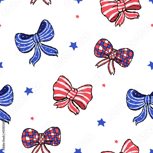 Seamless pattern Coquette 4th of July Bow on color background