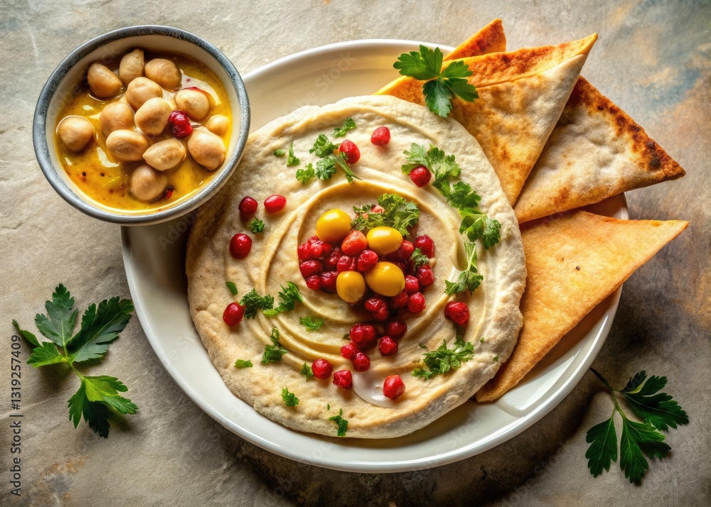 Golden pita cradles creamy hummus, tahini drizzled, a classic Arabic feast captured in vibrant detail. Golden pita cradles creamy hummus, tahini drizzled, a classic Arabic feast captured in vibrant detail.