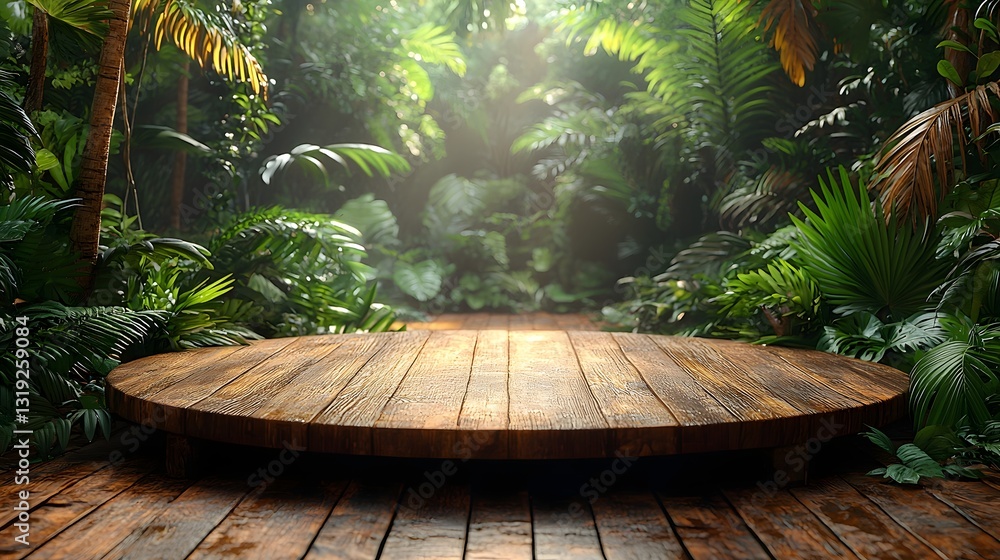 Fototapeta premium Bamboo podium in serene tropical rainforest with glowing warm lighting for product display and copy space
