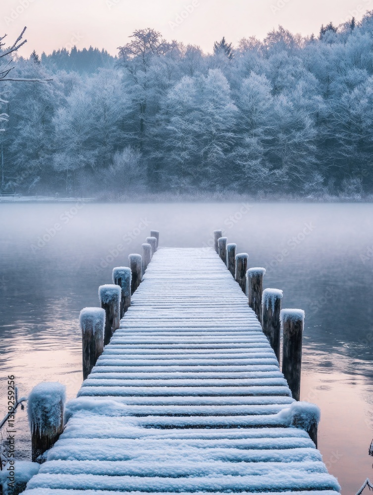 Fototapeta premium Snow-covered dock by lake