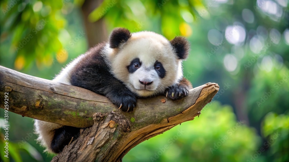 Obraz premium Adorable Young Panda Resting on a Tree Branch in a Lush Green Forest