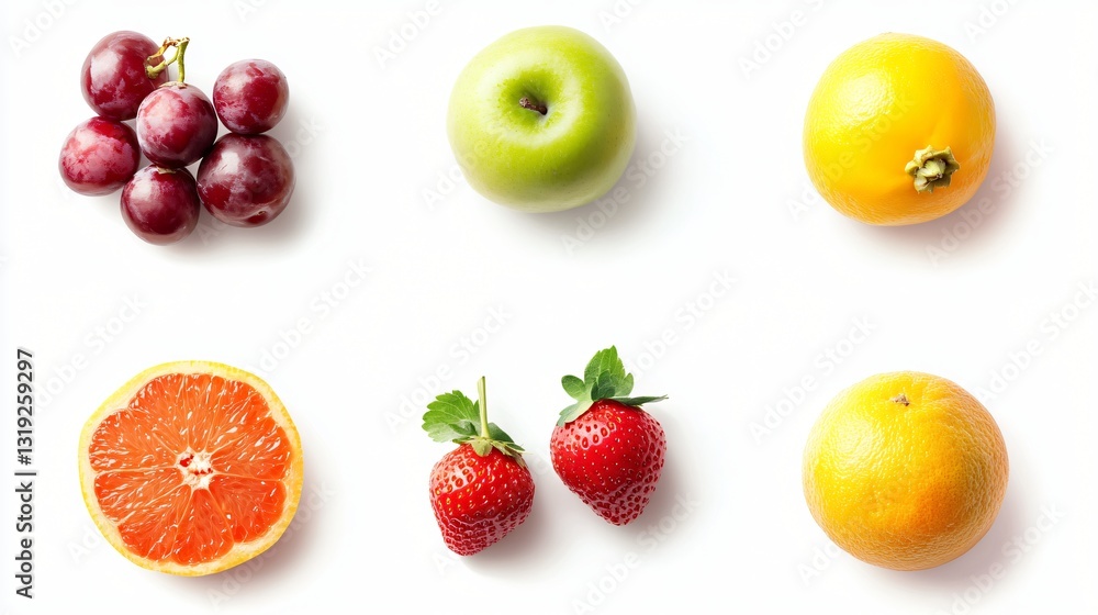 Fototapeta premium Colorful assortment of fresh fruits, vibrant grapes, green apple, citrus slices, strawberries, and yellow lemon on a clean surface.