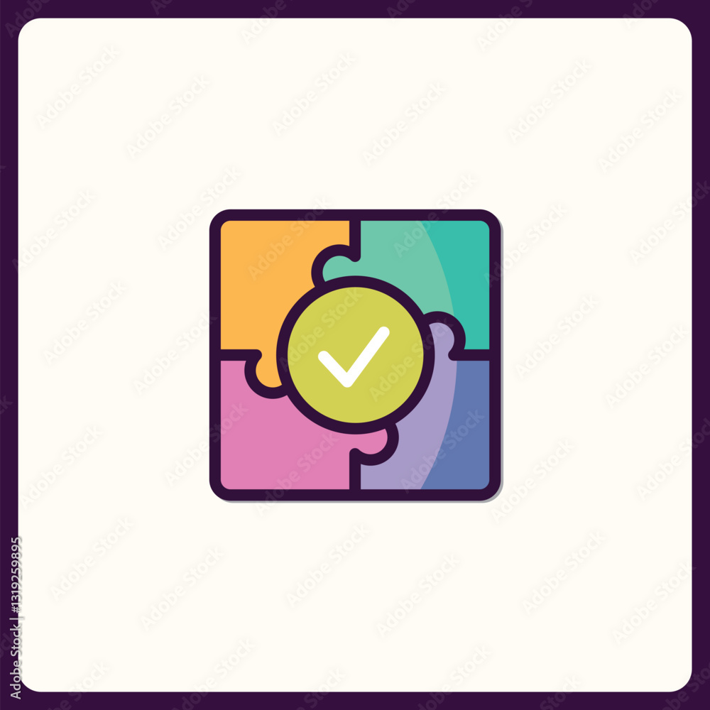 Completion symbol illustration, a combination of puzzles with checkmark Completion symbol illustration, a combination of puzzles with checkmark