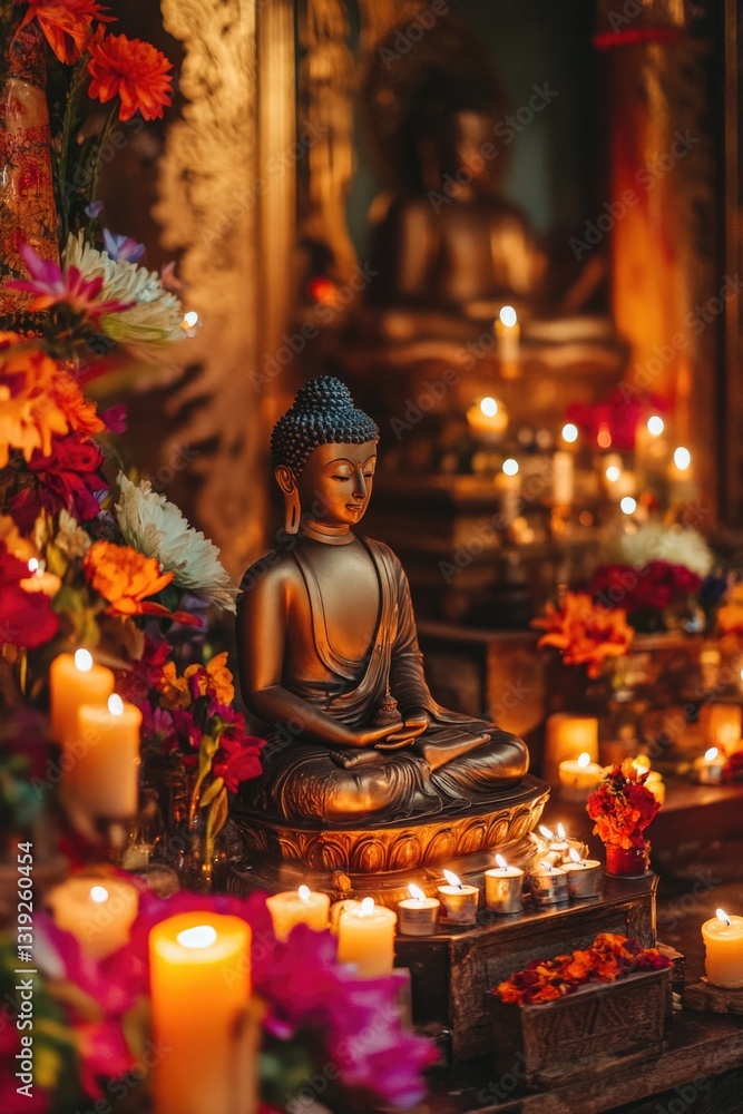 Buddha Statue with Candles and Flowers Buddha Statue with Candles and Flowers