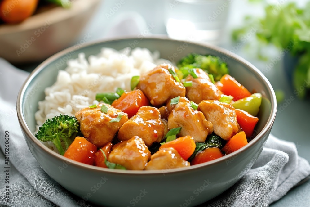 A delicious bowl of rice chicken and vegetables displayed closely A delicious bowl of rice chicken and vegetables displayed closely