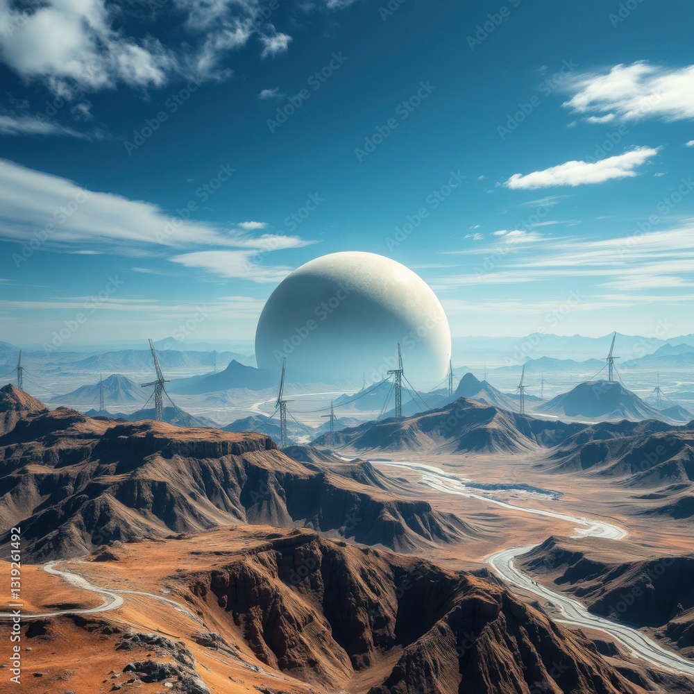 Surreal Landscape with Giant Sphere and Tower Structures Surreal Landscape with Giant Sphere and Tower Structures