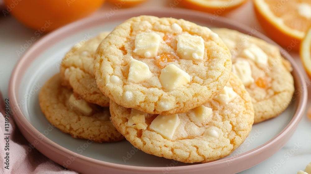 A tantalizing close-up of a luscious white chocolate chip cookie rests elegantly atop a soft pink plate, with glistening chips sprinkled generously over its golden-brown surface A tantalizing close-up of a luscious white chocolate chip cookie rests elegantly atop a soft pink plate, with glistening chips sprinkled generously over its golden-brown surface