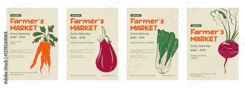 Vegetables. A set of backgrounds, covers, posters, flyers for a farmer's market. Hand-drawn invitations to the harvest fair. Vector illustration: eggplant, cabbage, carrot, beetroot.