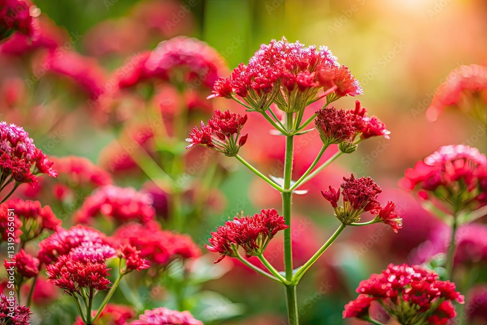 Miniature tilt-shift captures a vibrant red valerian, softly blurred background highlighting its macro bloom. Miniature tilt-shift captures a vibrant red valerian, softly blurred background highlighting its macro bloom.