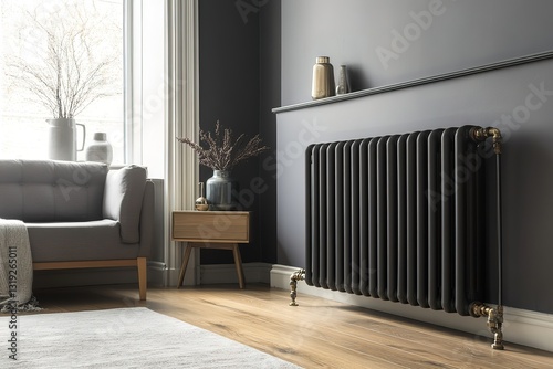 Stylish Black Column Radiator in Modern Living Room Interior Design