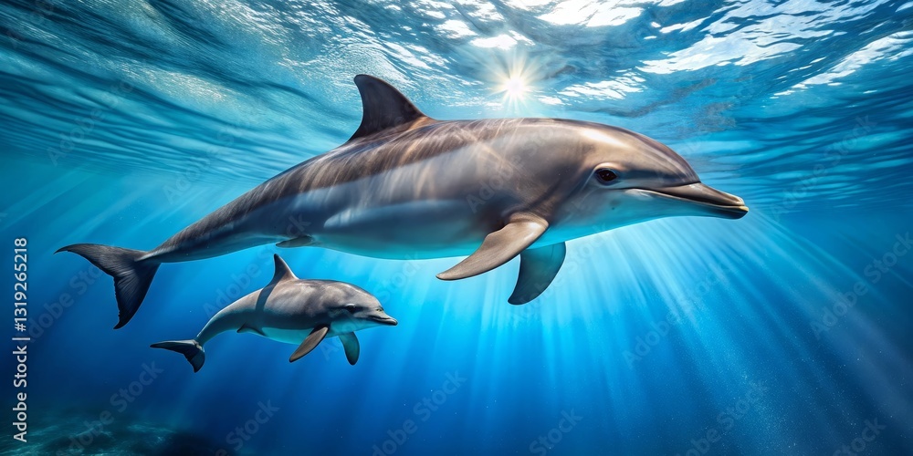 Obraz premium Majestic dolphins swimming gracefully beneath sunlit ocean waves, a breathtaking underwater scene of marine life