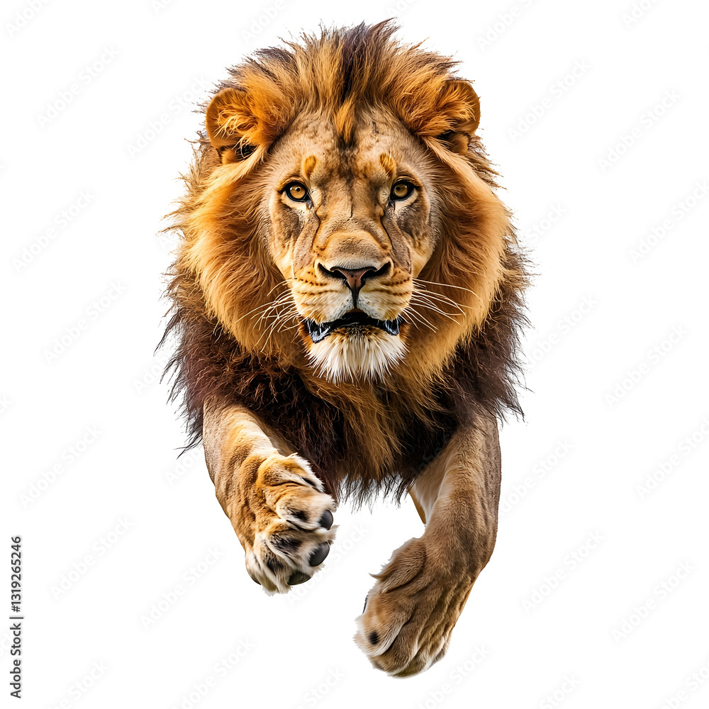 Majestic Lion King Leaping with Power and Strength on White Background Majestic Lion King Leaping with Power and Strength on White Background