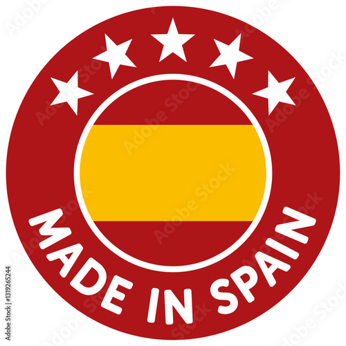 Insignia, pegatina o icono de 'Made in Spain' que simboliza la calidad y el origen de los productos españoles. Vector ligero y escalable para la web. Fondo en rojo. Alta resolución.