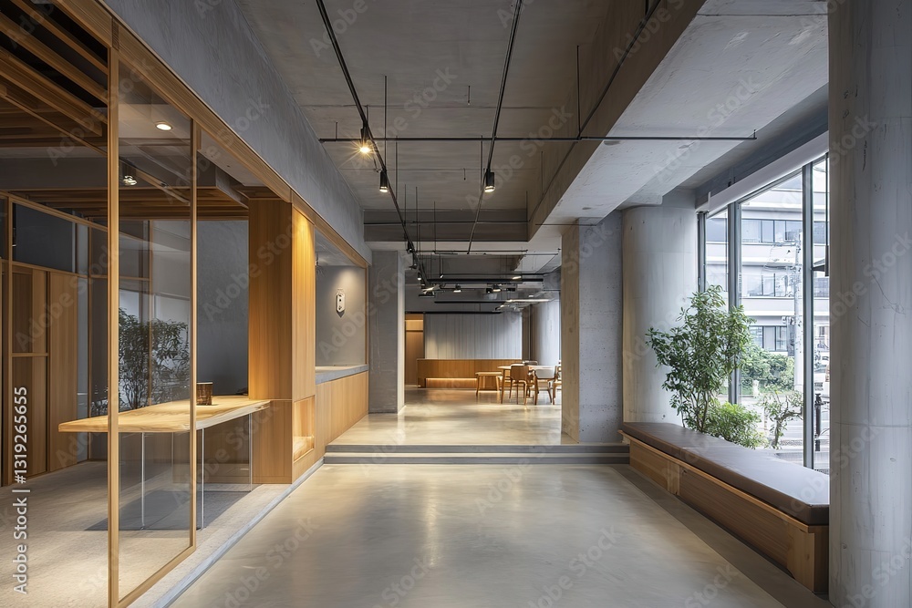Modern Minimalist Office Lobby Interior Design with Wooden and Concrete Elements Modern Minimalist Office Lobby Interior Design with Wooden and Concrete Elements