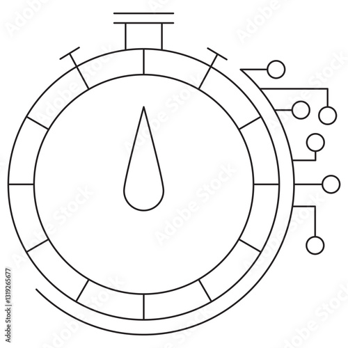 Icon of a stopwatch with electronic circuit elements, symbolizing AI-driven efficiency, speed, and technological optimization. Vector illustration with thin black lines. Editable stroke thickness