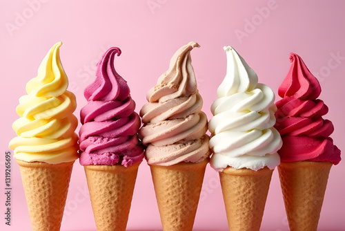 Many of beautifully crafted soft serve ice cream cones in various flavors on soft pastel background. Perfect for themes of summer, dessert, and sweet indulgence. Minimalist