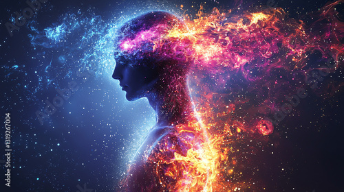 The human spirit breaking free, stepping into universal consciousness and divine transformation.