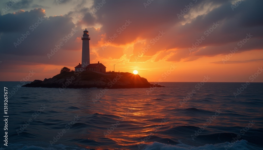 Lighthouse on a Rocky Island at Sunset Lighthouse on a Rocky Island at Sunset