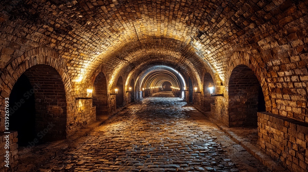 Fototapeta premium Atmospheric Underground Brick Tunnel with Warm Light and Stone Pathway