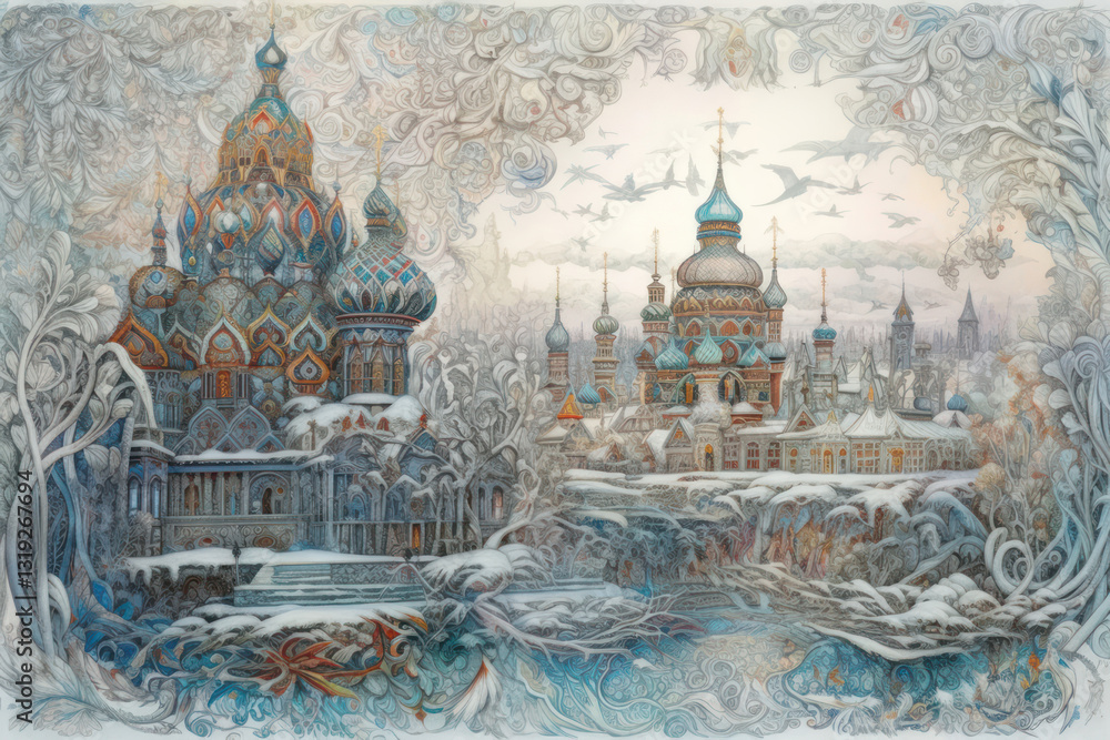 a fairytale winter scene with majestic Russian churches decorated with colorful domes and intricate patterns.