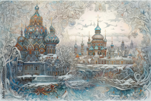Obraz na płótnie a fairytale winter scene with majestic Russian churches decorated with colorful domes and intricate patterns. w salonie