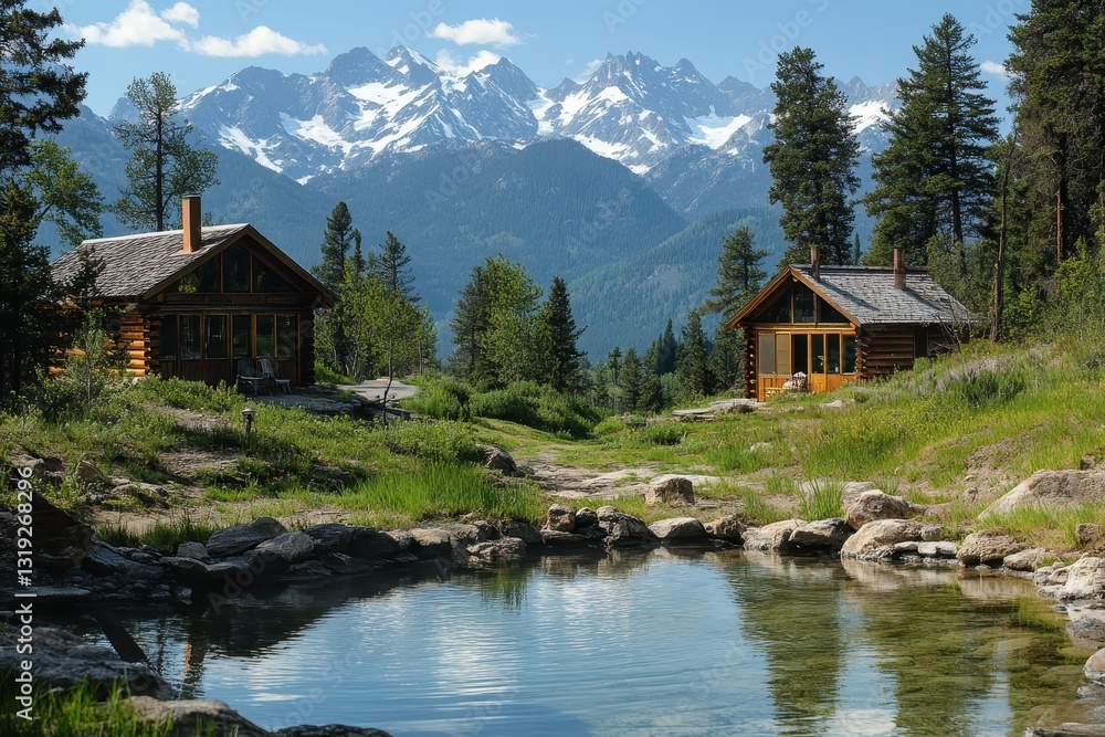 Two log cabins overlooking tranquil pond and majestic mountains Two log cabins overlooking tranquil pond and majestic mountains
