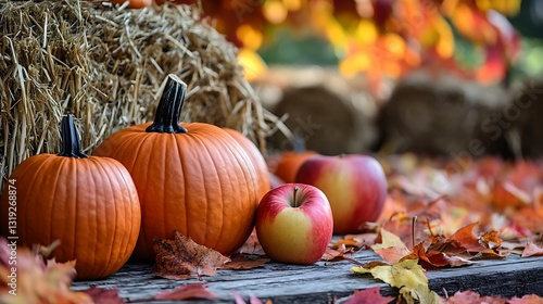 Autumn pumpkins and apples displayed next to golden hay bales