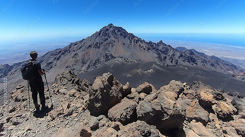 Hiker Summit View for Volcanic Landscape. Hiker Summit View for Volcanic Landscape.