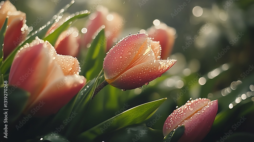 Several beautiful tulips displaying delicate petals with water droplets present Several beautiful tulips displaying delicate petals with water droplets present