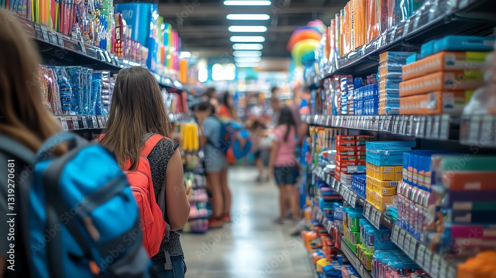 A crowded school supply store with parents and kids shopping for backtoschool items, with shelves full of colorful school supplies, including pencils, pens, and backpacks A crowded school supply store with parents and kids shopping for backtoschool items, with shelves full of colorful school supplies, including pencils, pens, and backpacks