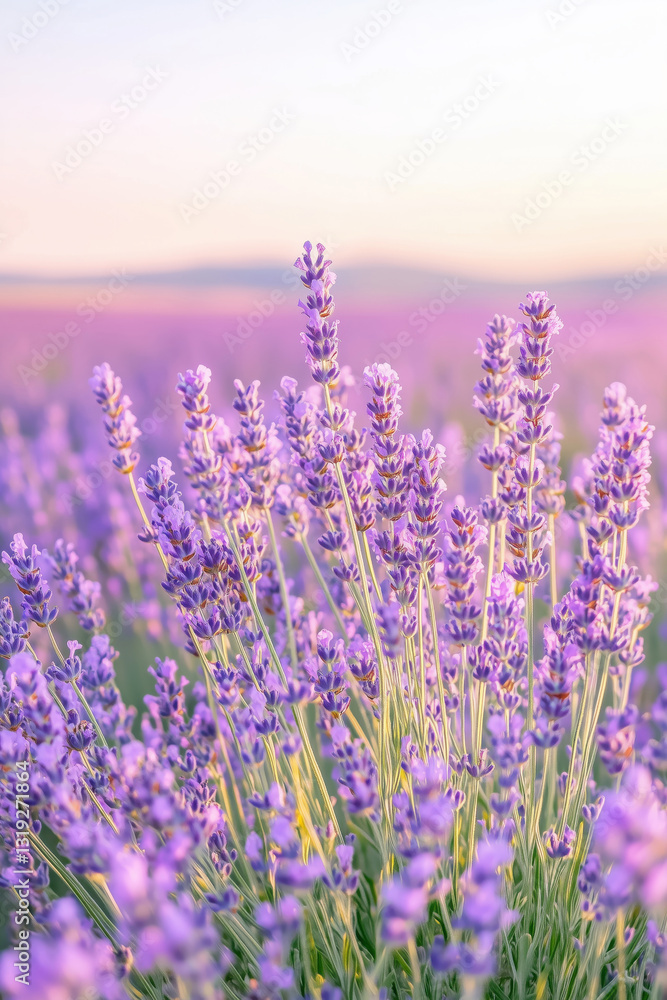 Naklejka premium Beautiful landscape of blooming lavender field with mountains in the background