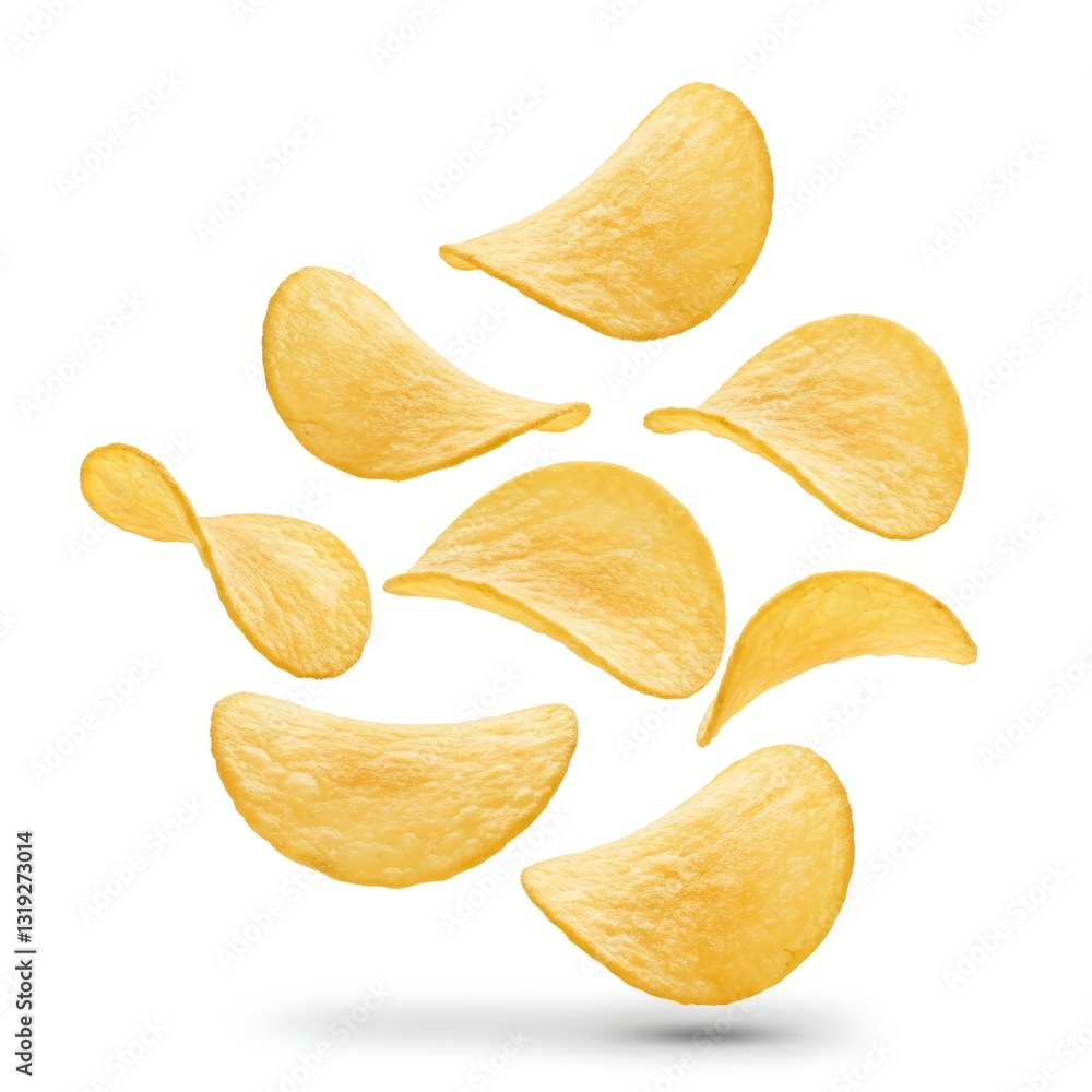 Crispy Potato Chips Swirling In A Delightful Dance Against A Bright White Backdrop Showcasing Their Golden, Textured Perfection Crispy Potato Chips Swirling In A Delightful Dance Against A Bright White Backdrop Showcasing Their Golden, Textured Perfection