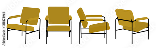 Yellow soft armchair different angles, front, side, back view. Mid century modern furniture for living room, lounge zone, office, apartment. Flat vector illustration isolated on transparenr background