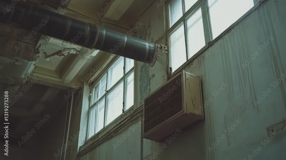 Industrial Interior with Pipes and Windows Industrial Interior with Pipes and Windows