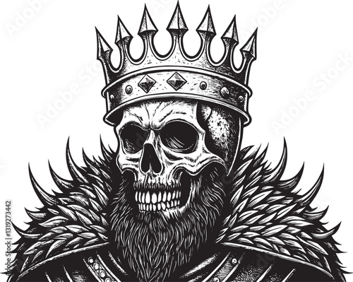 Skull King with Crown and Beard – Dark Gothic Vector Illustration
