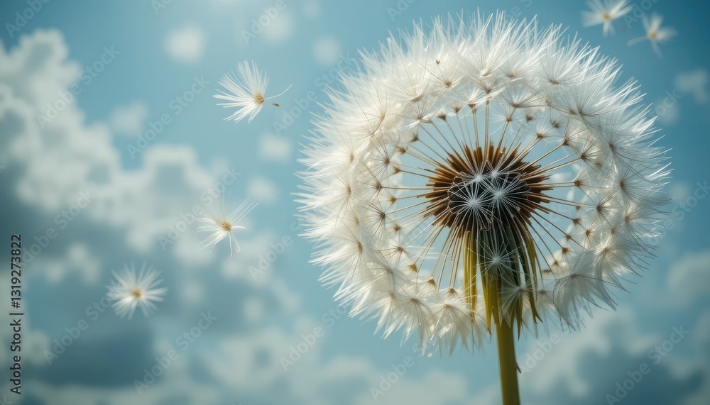 Obraz premium Dandelion, with its airy seeds wafting through the air, carries unlimited potential for new beginnings and the promise of a brighter future.
