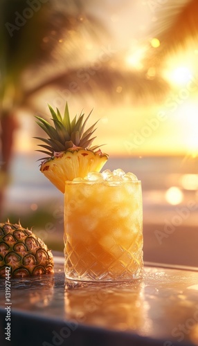 frozen pineapple margarita daquiri blended cocktail in a glass at a bar on the beach