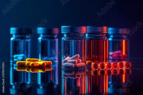 Colorful capsules and glass bottles on reflective surface in pharmaceutical factory.