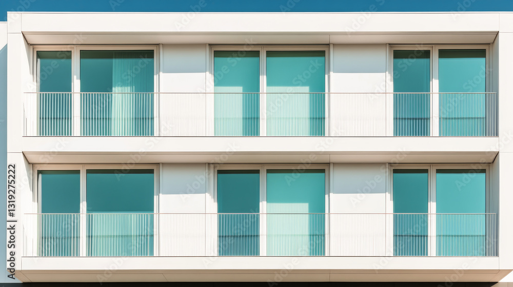 Modern building facade with large windows and balconies, showcasing minimalist design and vibrant blue glass